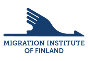 Logo of the Migration Institute in Finland. Blue, swan diving.